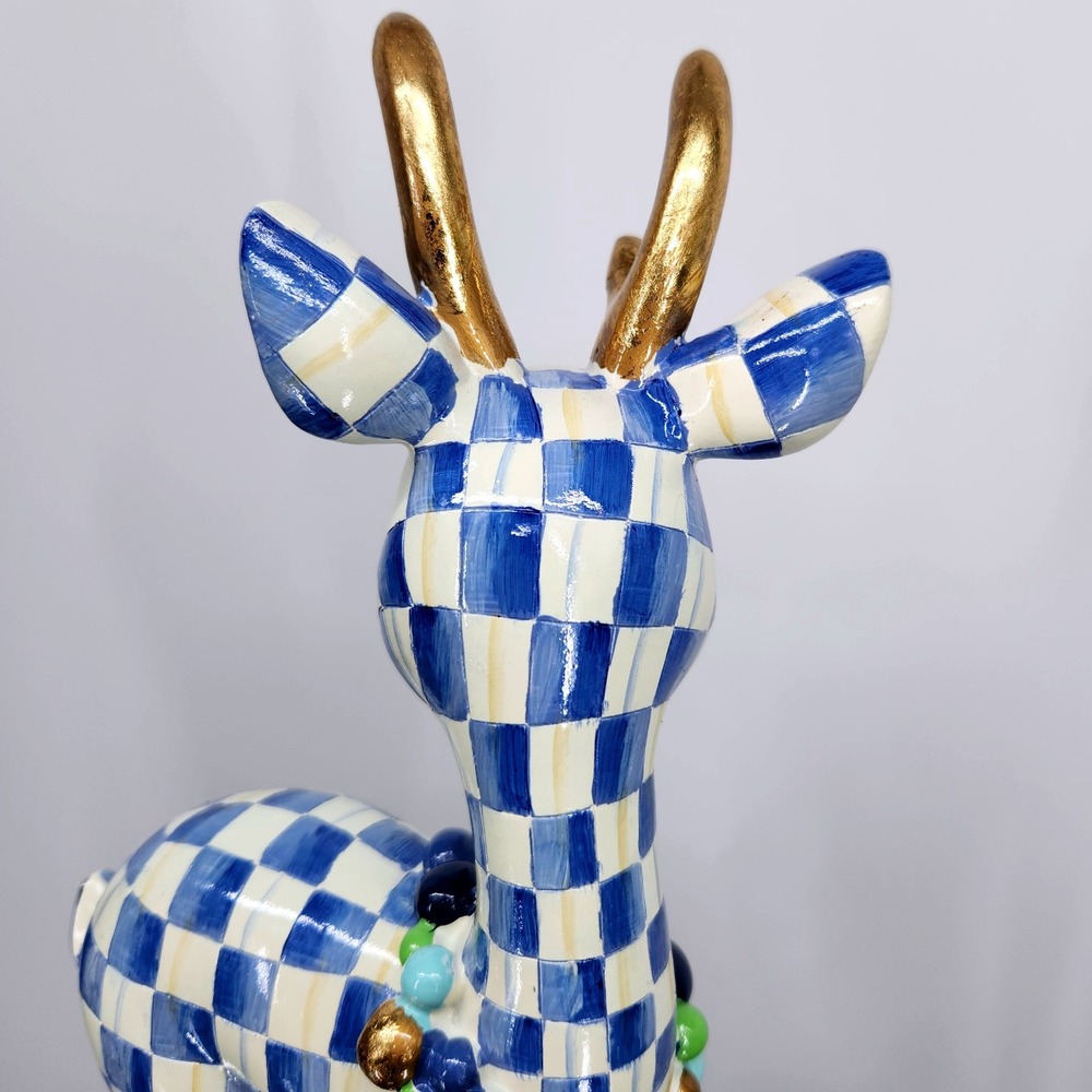 Mackenzie-Childs Royal Check Deary Deer on Ornament - Gold Antlers Holiday 16" - Picture 11 of 16